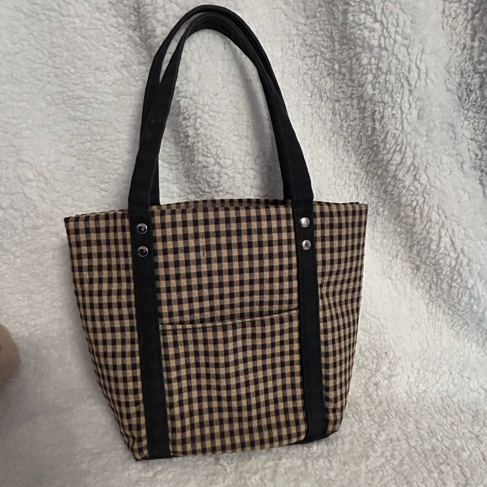 Longaberger Neutral Gingham Tote with Black Straps
